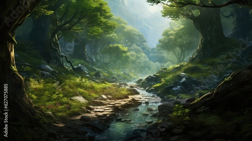  a painting of a stream running through a lush green forest.  generative ai
