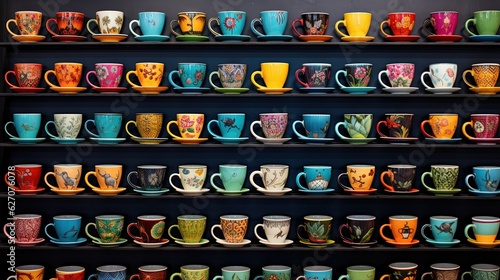 a shelf filled with lots of different colored coffee mugs. generative ai
