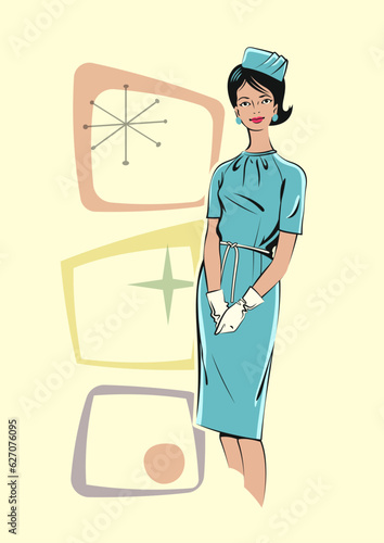 1960s Retro Woman Fashion Style Poster. Mid Century Modern Vogue Illustration