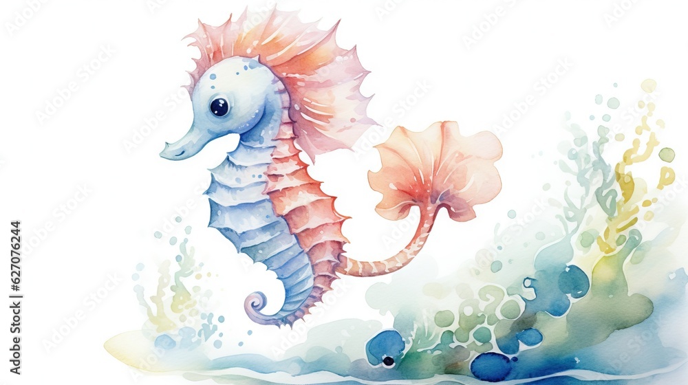  a watercolor painting of a seahorse on a white background.  generative ai