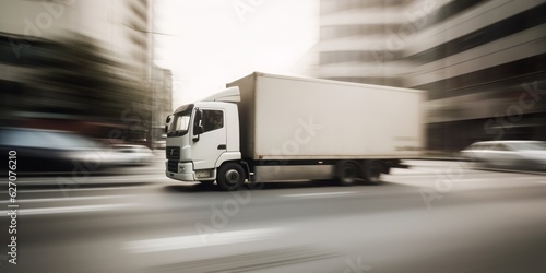 Delivery Truck on Busy City Road, Motion Blur, moving high speed