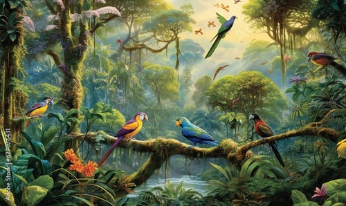  a painting of birds sitting on a branch in a jungle.  generative ai © Anna