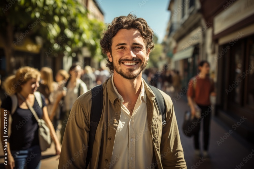 Fototapeta premium A friendly tour guide leading a group of tourists through bustling city streets, pointing out landmarks and sharing fascinating historical facts. Generative AI