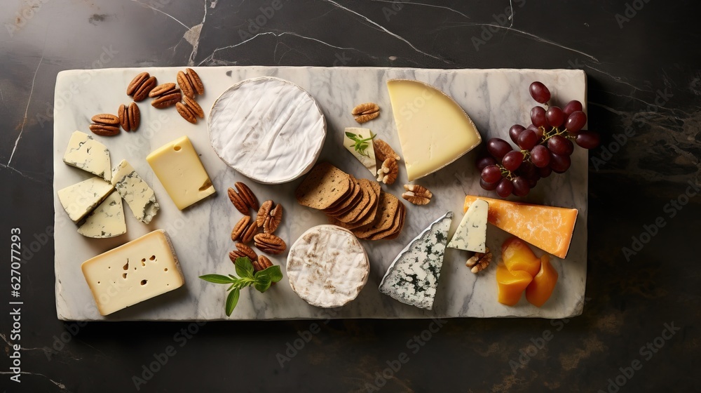  a marble platter with a variety of cheeses and nuts.  generative ai