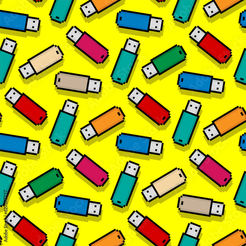 Bright multicolored colorful pixel flash drives isolated on yellow background. Seamless pattern. Vector simple flat graphic illustration. Texture.