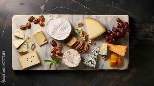  a marble platter with a variety of cheeses and nuts.  generative ai
