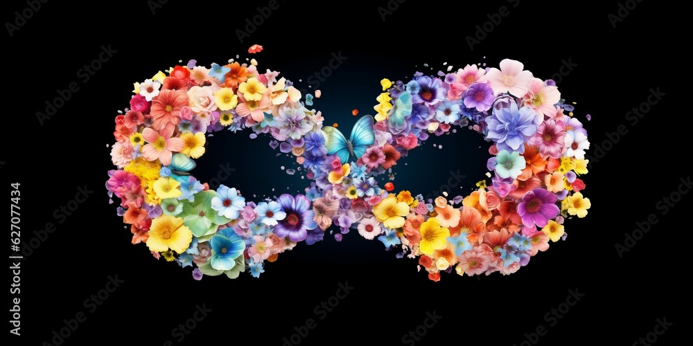 Rainbow Infinity Sign Made of Flowers, Floral Symbol for Autism Spectrum, Artistic Creativity, Beautiful Eternal Feminine Design