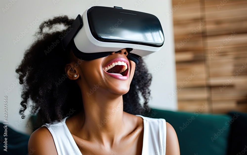 Young curly african woman wearing vr headset and having fun, happy expression, generative ai