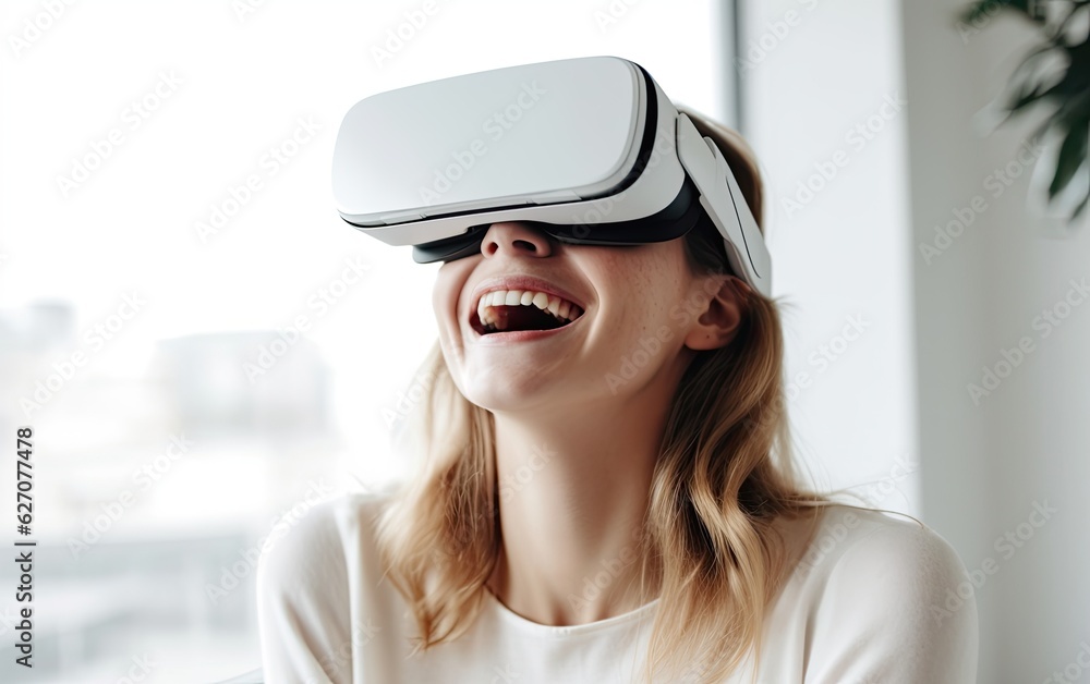 Young blond woman wearing vr headset and having fun, happy expression, generative ai