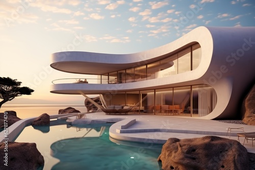 illustration of luxury modern villa next to sea. Private house with swimming pool, pergola and whirlpool. Made With Generative AI.