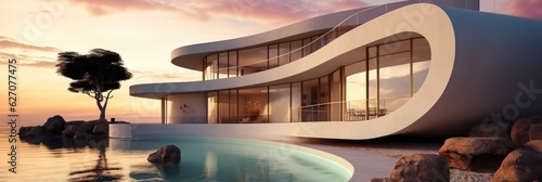 illustration of luxury modern villa next to sea. Private house with swimming pool, pergola and whirlpool. Made With Generative AI. © John Martin