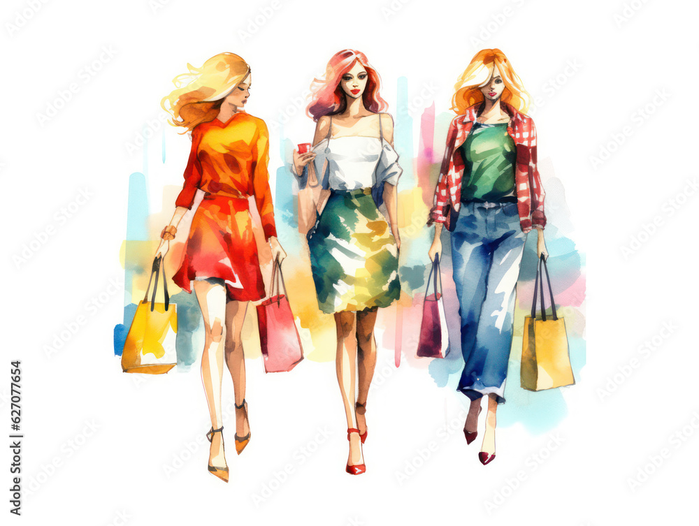 three girlfriends with packages and purchases. shopping.in watercolor style. 
