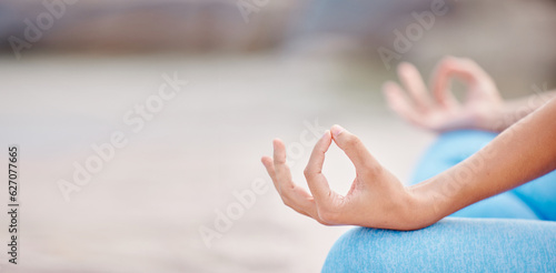 Wallpaper Mural Woman, hands and yoga on mockup for meditation, spiritual wellness or outdoor zen workout in fitness. Closeup of calm female person in relax on beach for mindfulness, awareness or inner peace Torontodigital.ca