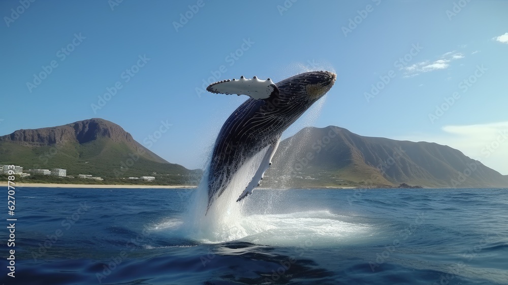 Fototapeta premium Whale Jumping From Open Water in Sea Under Blue Cloudy Sky With Bright Sun