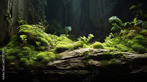  a moss covered rock in a forest filled with trees and plants. generative ai