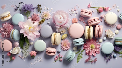  macaroons, macaroons and flowers on a purple background.  generative ai