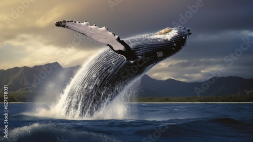 Whale Jumping From Open Water in Sea Under Blue Cloudy Sky With Bright Sun
