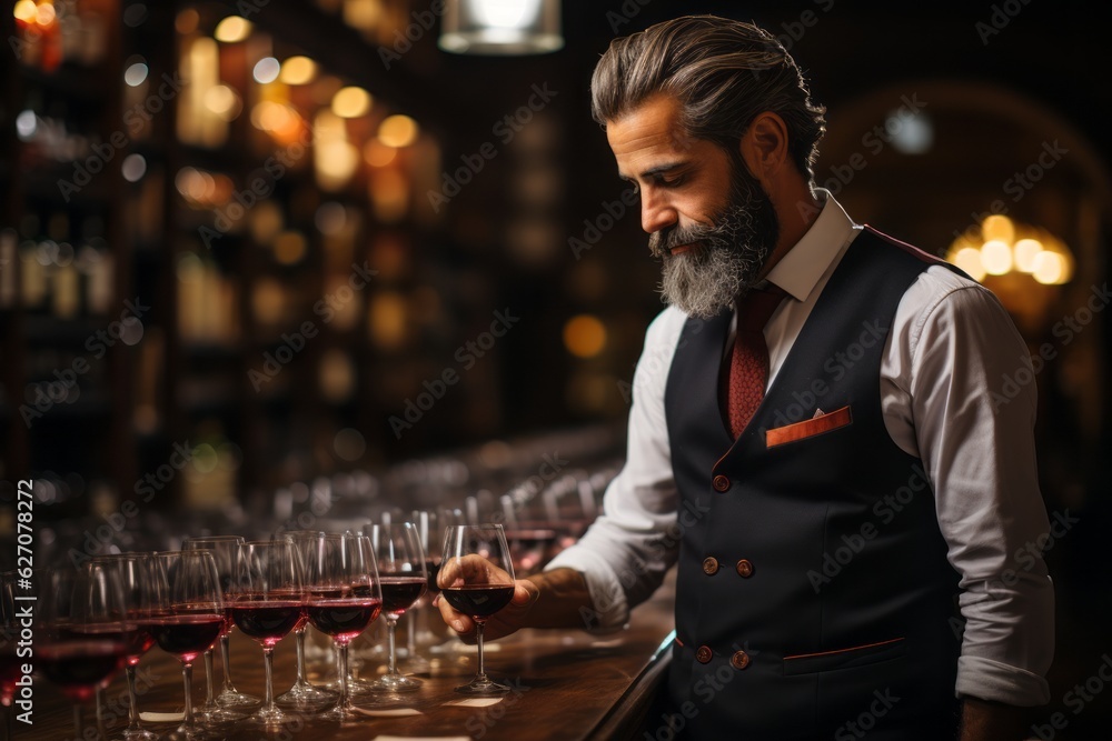 A sommelier conducting a wine tasting session in an elegant wine cellar, with various bottles displayed on rustic wooden shelves. Generative AI A sommelier conducting a wine tasting session in an elegant wine cellar, with various bottles displayed on rustic wooden shelves. Generative AI
