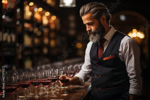 A sommelier conducting a wine tasting session in an elegant wine cellar, with various bottles displayed on rustic wooden shelves. Generative AI