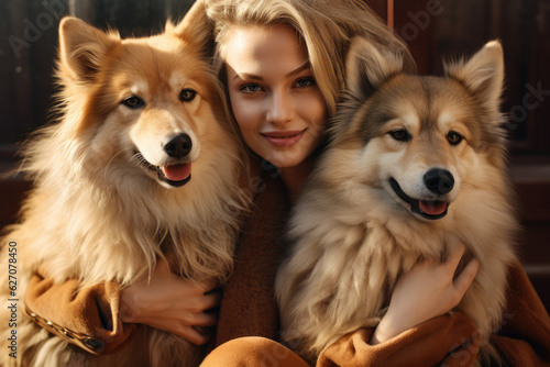 Furry Dog Friends Connection. Attractive Woman with Two Dogs on the Stairs. AI Generative