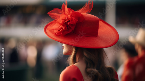 Tableau sur toile young woman in a beautiful elegant red hat on the hippodrome before the races