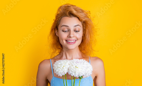 amazed woman with womens day flowers on background. photo of woman