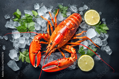 Top view of whole red lobster with ice and lemon on a dark background. Top view, digital ai art	