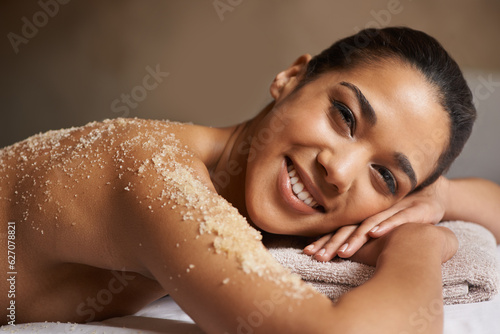Obraz na plátně Portrait of happy girl, body scrub or massage to relax for zen resting or wellness physical therapy in spa