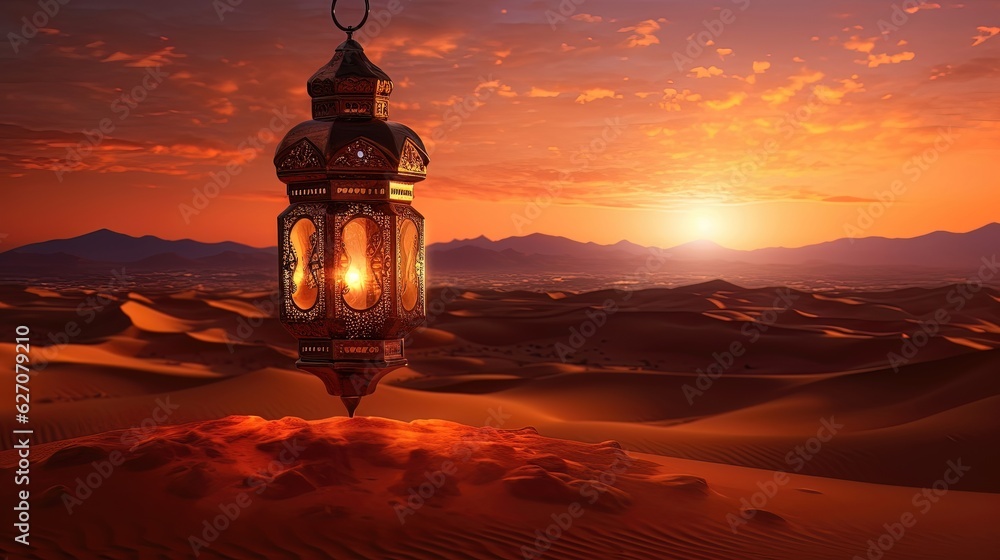Eastern Arabic lantern on the background of the desert with a beautiful sunset. Generative AI Eastern Arabic lantern on the background of the desert with a beautiful sunset. Generative AI