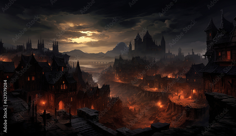 fiery city castle at night