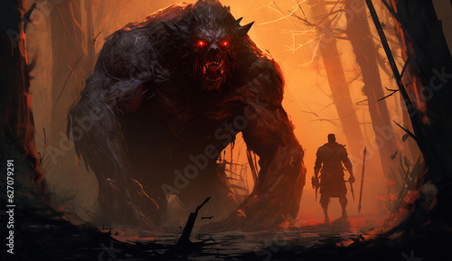 Fototapeta Naklejka Na Ścianę i Meble -  giant beast and soldier in the fiery forest