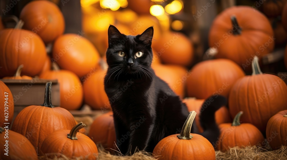 A black cat weaves through a pumpkin patch, bringing a touch of enchantment to the autumn scene. Halloween concept for pumpkin farm, fall festival organizer, Halloween-themed craft market. A black cat weaves through a pumpkin patch, bringing a touch of enchantment to the autumn scene. Halloween concept for pumpkin farm, fall festival organizer, Halloween-themed craft market.