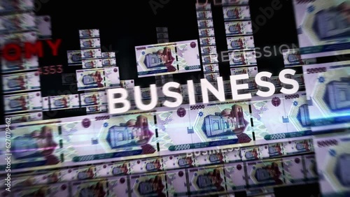 Uzbekistan Sum money loop 3d animation. Camera flying between UZS banknotes. Finance, economy, crisis, business success, recession, debt and tax seamless looped concept.
 photo