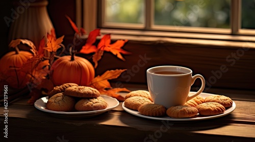Autumn coffee with cookies. Generative AI