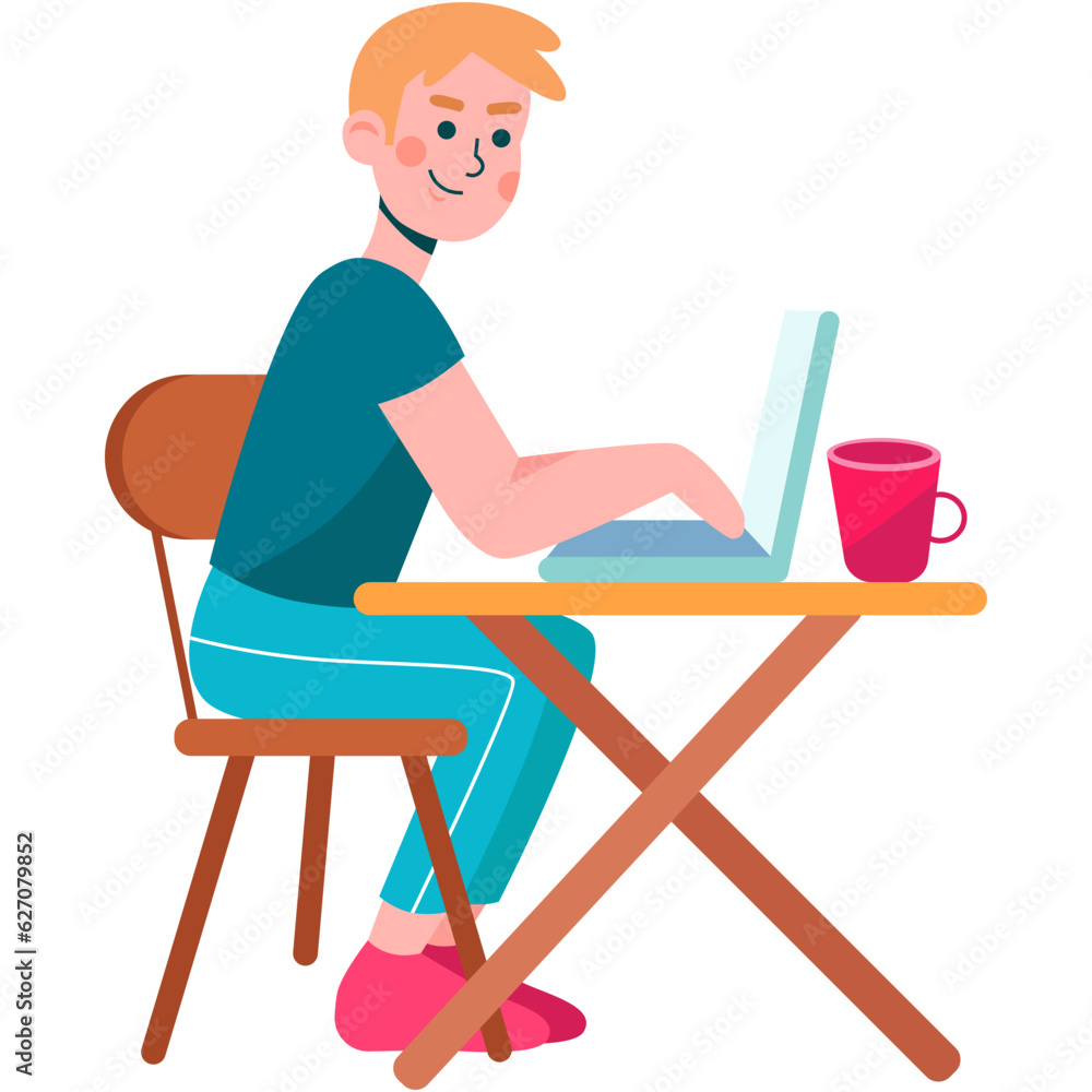 Fototapeta premium Man working online on laptop computer vector scene