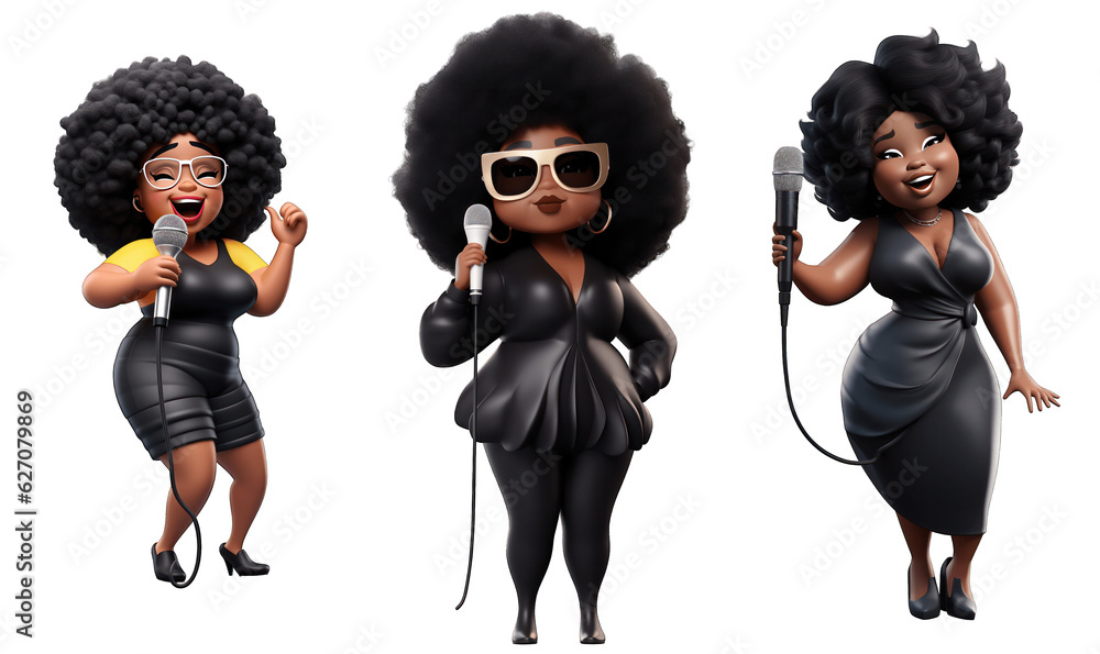 set of funny cartoon black woman singer 3d avatar character set of funny cartoon black woman singer 3d avatar character