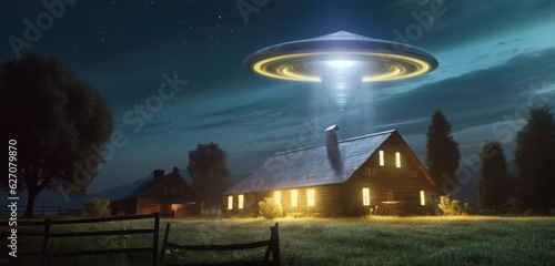 UFO  an alien spaceship with a beam of light hovered above a farmhouse in a field. realistic illustration. 