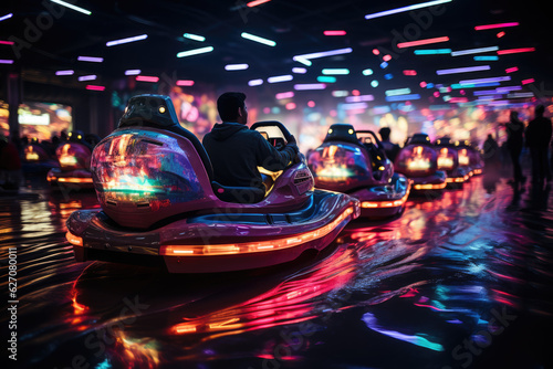 Neon-Lit Futuristic Bumper Cars: The Sleek and Electric Thrills of Tomorrow's Entertainment, Setting the Stage for Unforgettable Funfair Adventures.

 photo