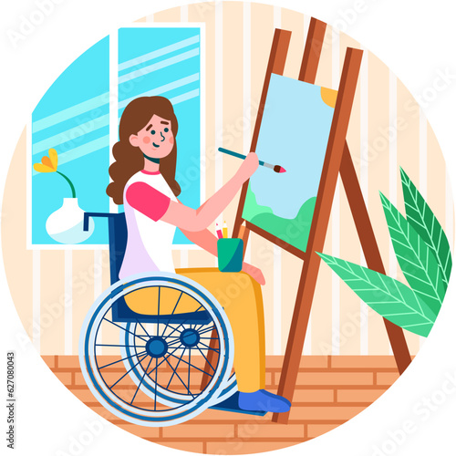 Disabled girl painting on canvas vector cartoon