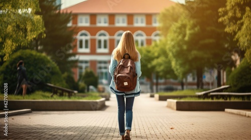 Back of student girl carry school bag while walking in school campus background. Copy space for banner, education, back to school concept.