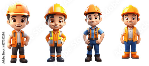 Fototapeta Naklejka Na Ścianę i Meble -  set of funny cartoon builder construction worker 3d character