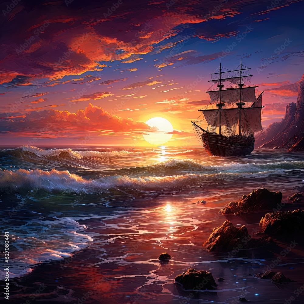 Obraz premium Fantasy seascape, neon sunset. Generative AI