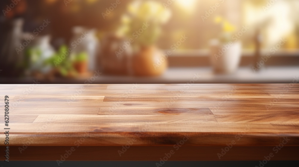 Empty wooden tabletop, bokeh view of modern kitchen interior. Product and food display Generative ai