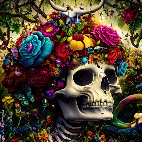 A playful and whimsical portrayal of a skull adorned with colorful flowers and vines, chaotic, Angelcore Generative AI