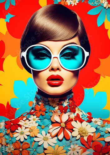 Portrait of a colorful woman with blue sunglasses.  Lady in colorful floral top with brunette hair.  