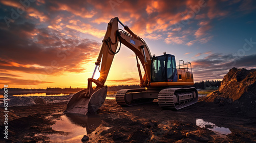 Sunset Construction. Excavator Hard at Work during Golden Hour. AI Generative