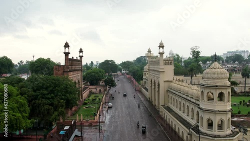 Husainabad Clock Tower and Bada Imambara India Architecture view from a drone photo