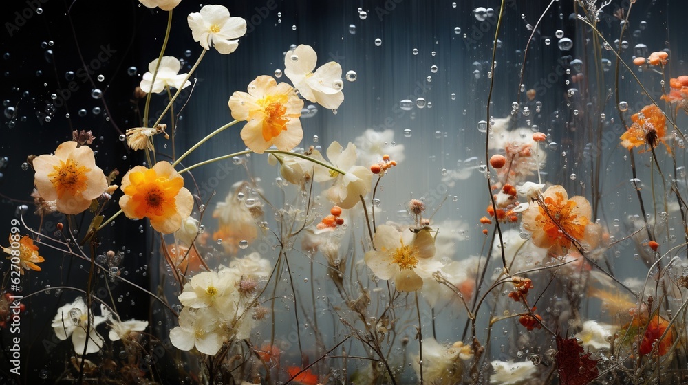  a bunch of flowers that are sitting in the grass with water droplets on them.  generative ai