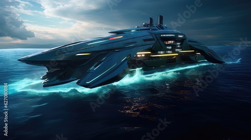 Nautical futuristic combat ship in the ocean. Generative AI © MiaStendal