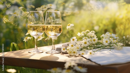  two glasses of wine sitting on a table with daisies. generative ai